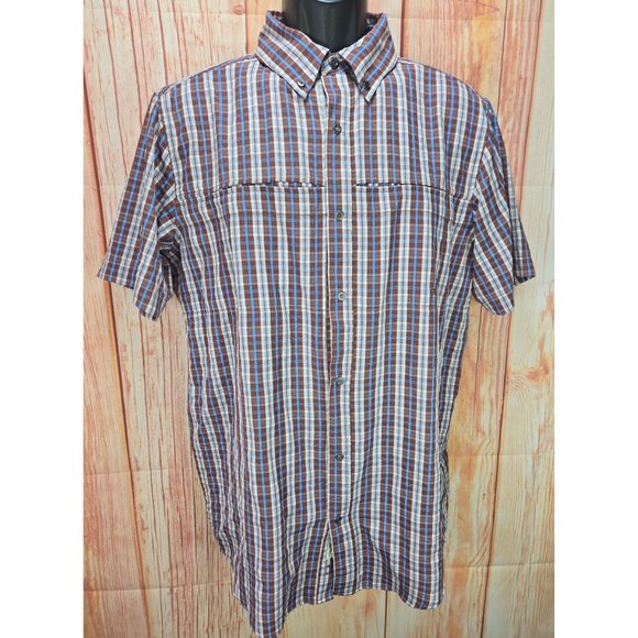 Exofficio Mens Plaid Button-Down Short Sleeve Shirt Medium Brown & Blue Lightwei - Picture 1 of 8